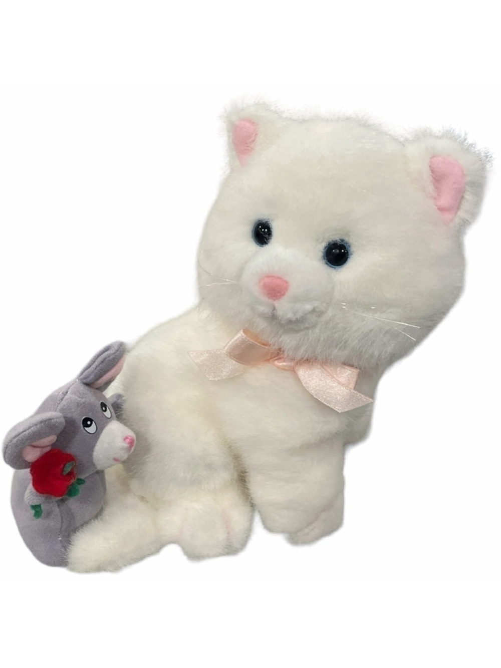Vintage Russ Caress Soft Pets Cat and Mouse Plush White Blue Eyes Stuffed Animal